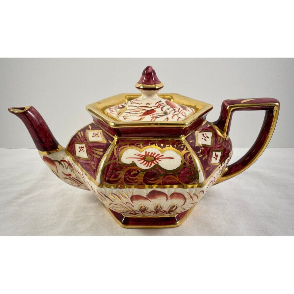 Arthur Wood England Hexagon Teapot Pink Red Gold 1629 Gaudy Welsh Imari